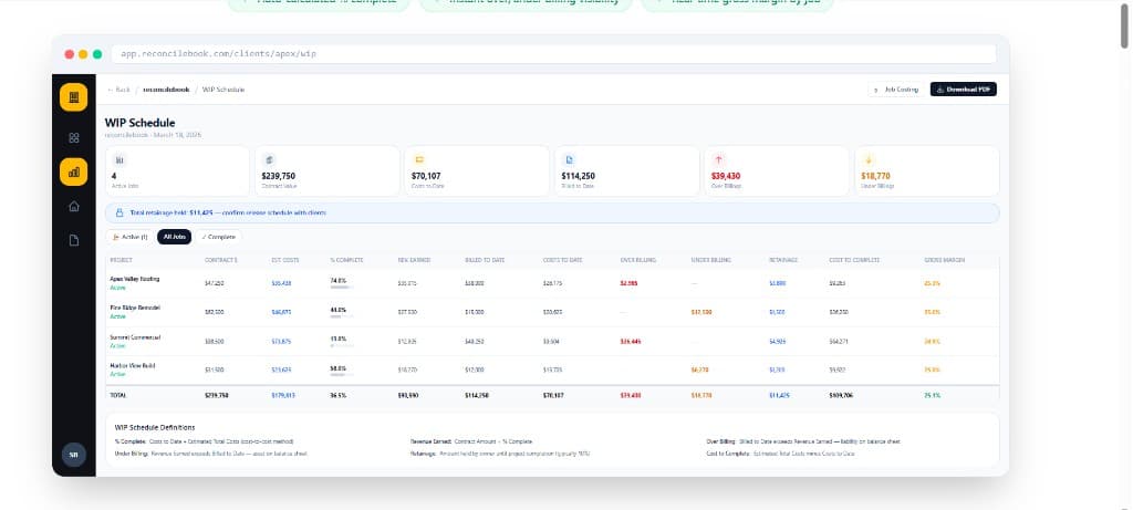ReconcileBook WIP Schedule — automated from QuickBooks Online