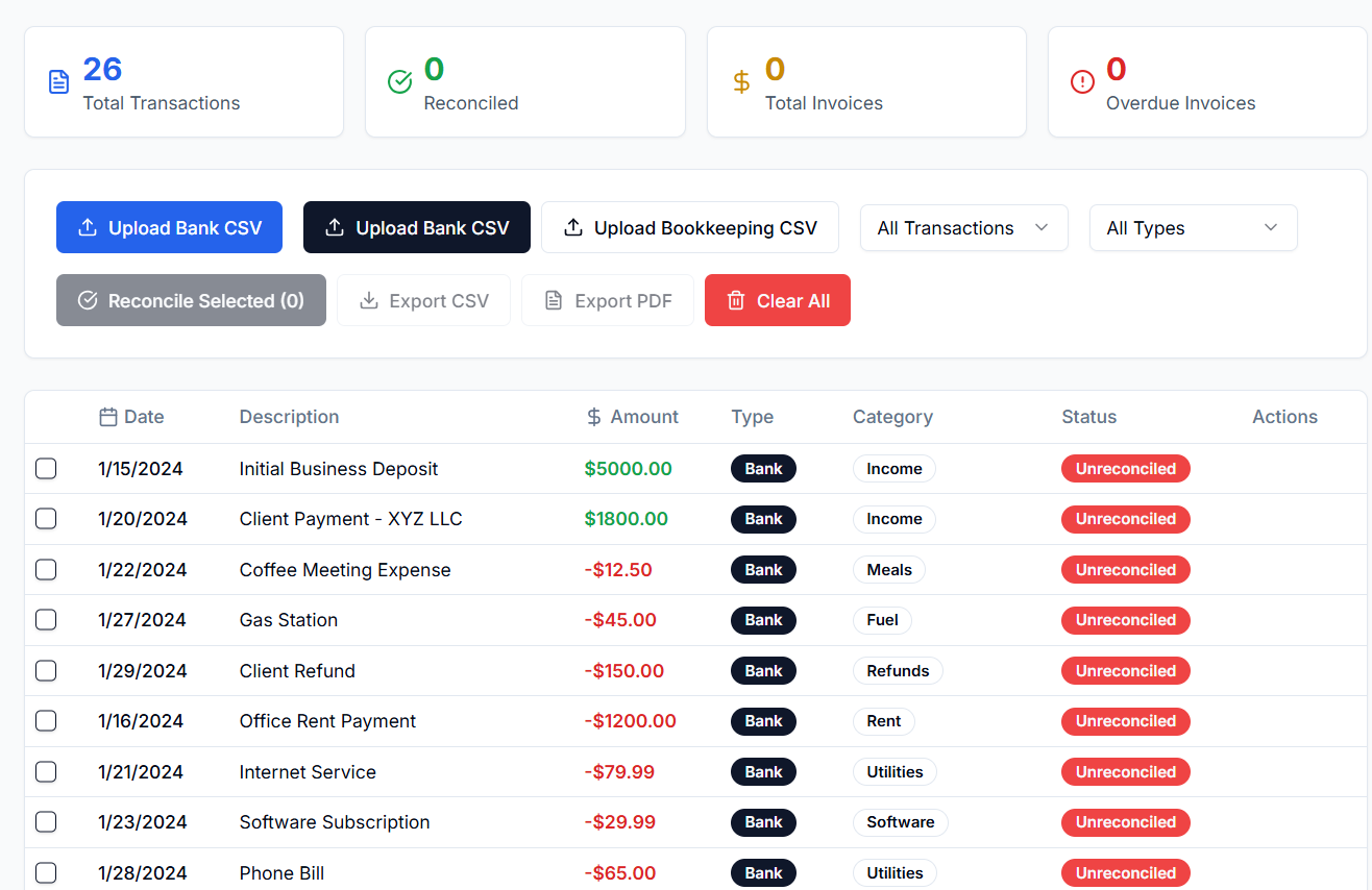 ReconcileBook Pro Dashboard - Client Management